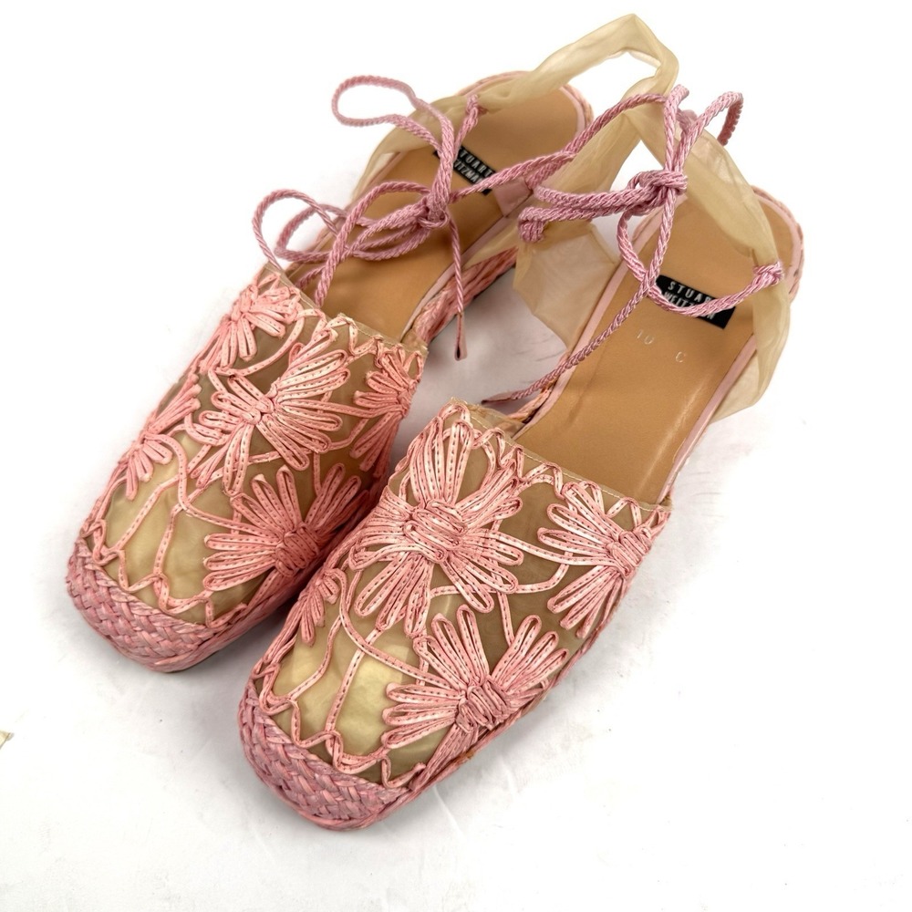 Stuart Weitzman Rafia Espadrille Flats Pink Mesh Barbiecore Lace Up 10 Narrow - Picture 3 of 9